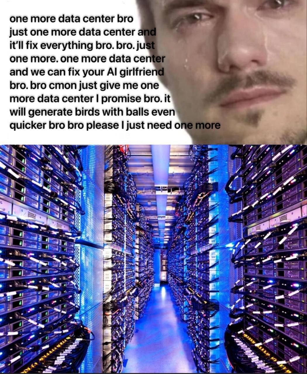 One more data center bro Мужчина плачет и просит построить еще один центр обработки данных