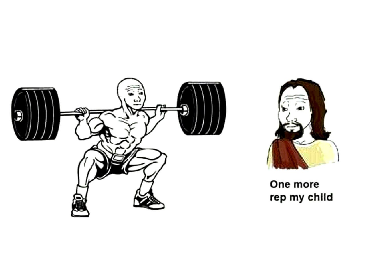 One more rep my child Мем про Wojak'а, делающего приседания, и Иисуса, говорящего ему: «One more rep my child».