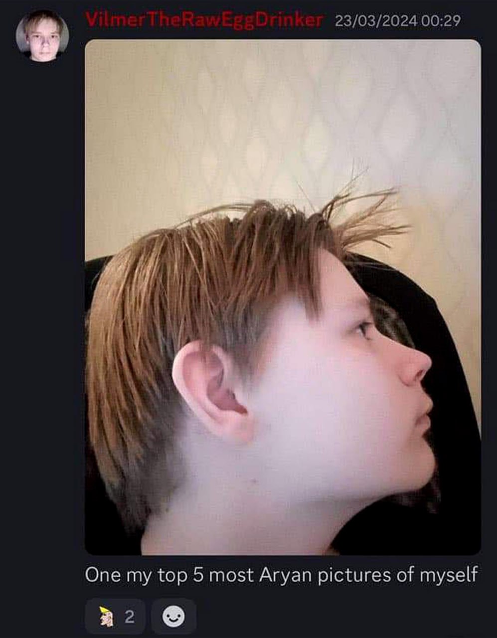 One my top 5 most Aryan pictures of myself Подросток показывает свое лицо сбоку, называя это одной из самых арийских своих фотографий