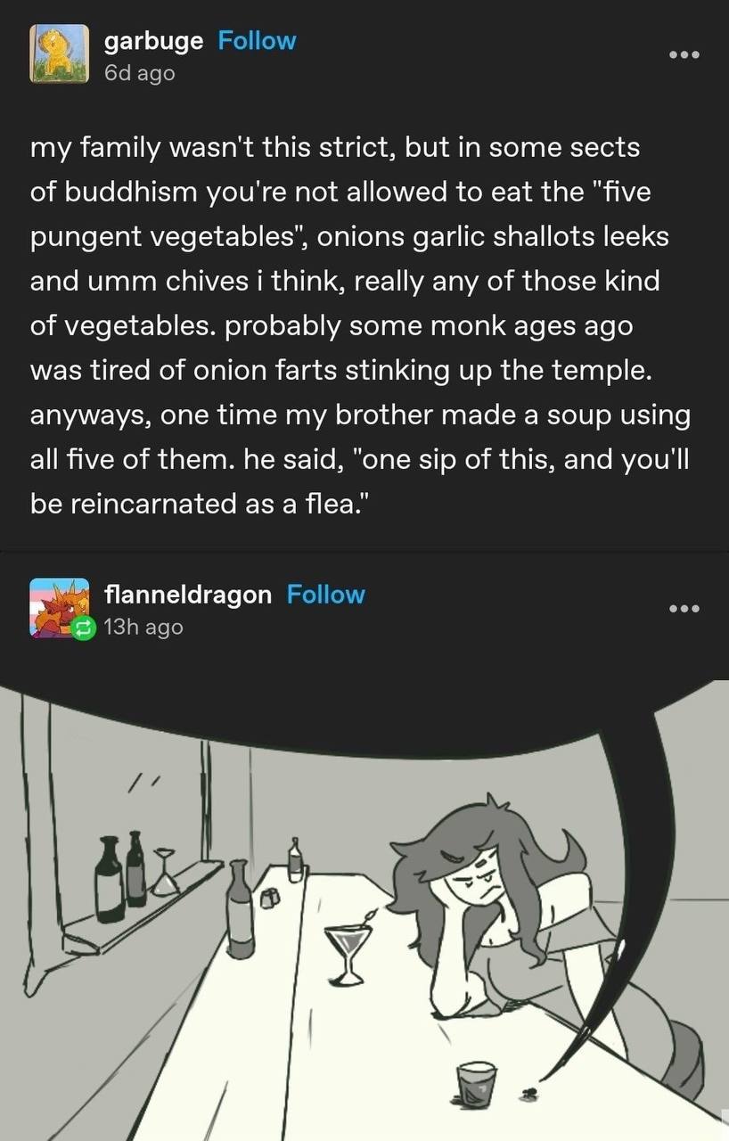 Один глоток этого, и ты переродишься в блоху Мем, где пользователь Tumblr рассказывает историю о пяти острых овощах в буддизме, а другой пользователь выражает отвращение к их запаху и идее переродиться в блоху.