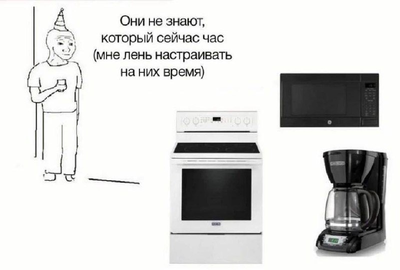 Они не знают, который сейчас час Мем про парня Wojak на вечеринке, который смотрит на бытовую технику, у которой не настроено время.