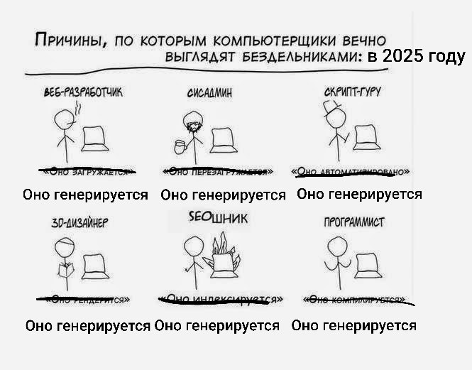 Оно генерируется Мем "Оно генерируется" про причины, по которым айтишники выглядят бездельниками в 2025 году