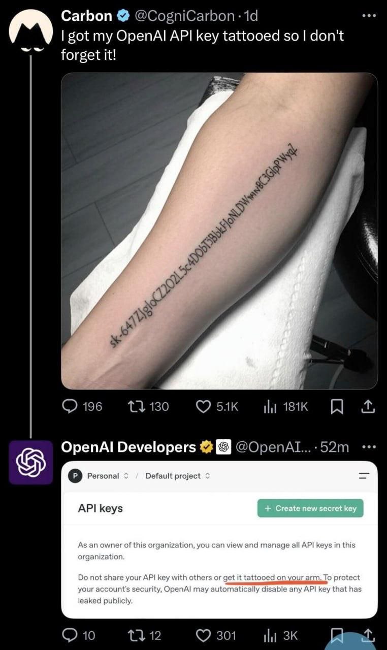 API ключ OpenAI на руке Мем про API ключ OpenAI, набитый татуировкой на руке, и реакцию OpenAI