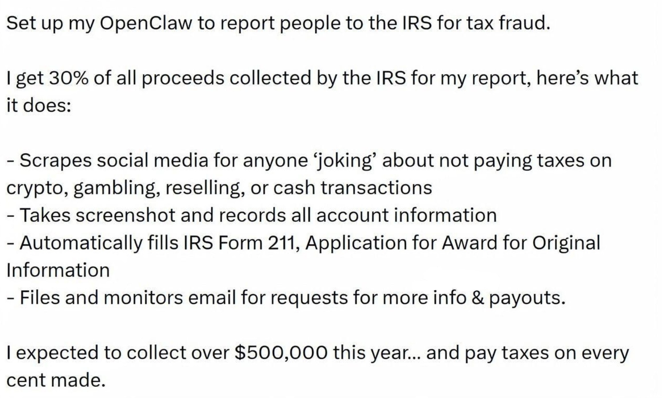OpenClaw доносит в IRS на людей, уклоняющихся от налогов, и приносит автору более 500 000 долларов