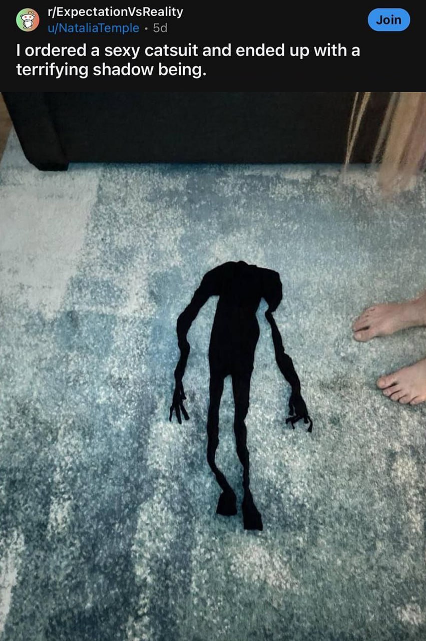 I ordered a sexy catsuit and ended up with a terrifying shadow being Женщина заказала сексуальный комбинезон, но получила "ужасающее теневое существо" вместо него.