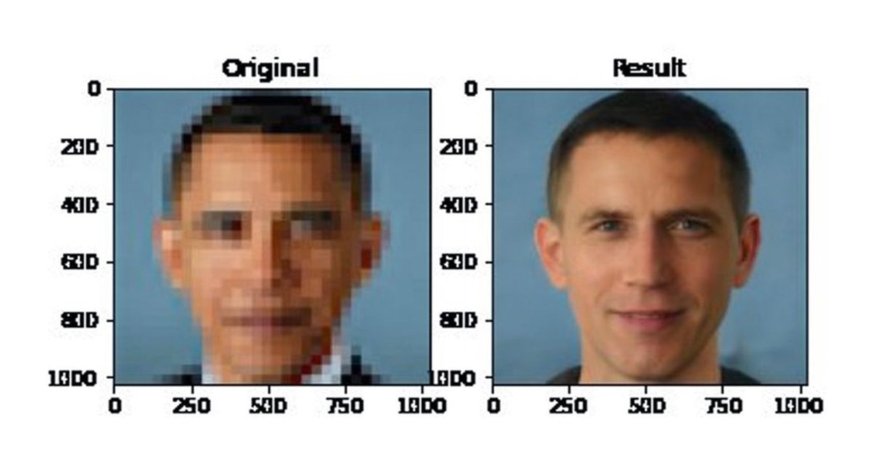 Original vs Result Сравнение пикселизированного изображения Барака Обамы с изображением, сгенерированным нейросетью