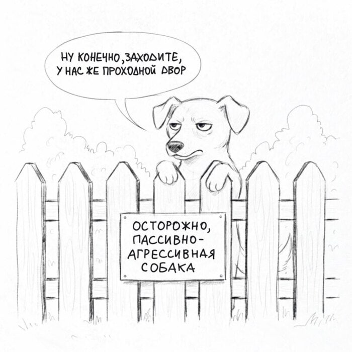 Осторожно, пассивно-агрессивная собака Мем с собакой, которая выглядывает из-за забора, где висит табличка "Осторожно, пассивно-агрессивная собака", и говорит "Ну конечно, заходите, у нас же проходной двор".
