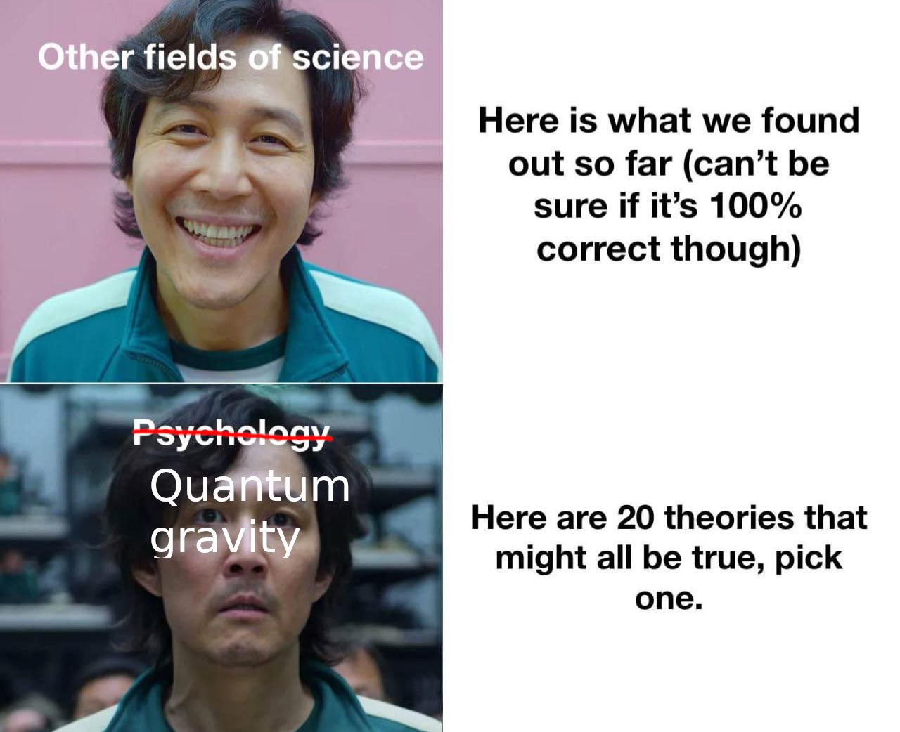 Other fields of science, Psychology, Quantum gravity Мем с Сон Ги Хуном из «Игры в кальмара» о других областях науки, психологии и квантовой гравитации.
