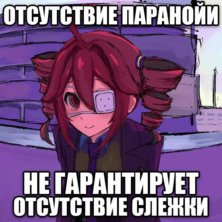 Аниме-персонаж с повязкой на глазу и надписью: «Отсутствие паранойи не гарантирует отсутствие слежки»