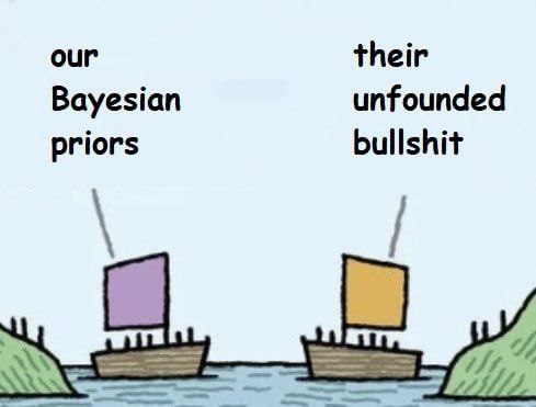 Our Bayesian priors vs their unfounded bullshit Мем с двумя лодками, одна из которых с фиолетовым парусом, другая с оранжевым, и надписями 'our Bayesian priors' и 'their unfounded bullshit'.