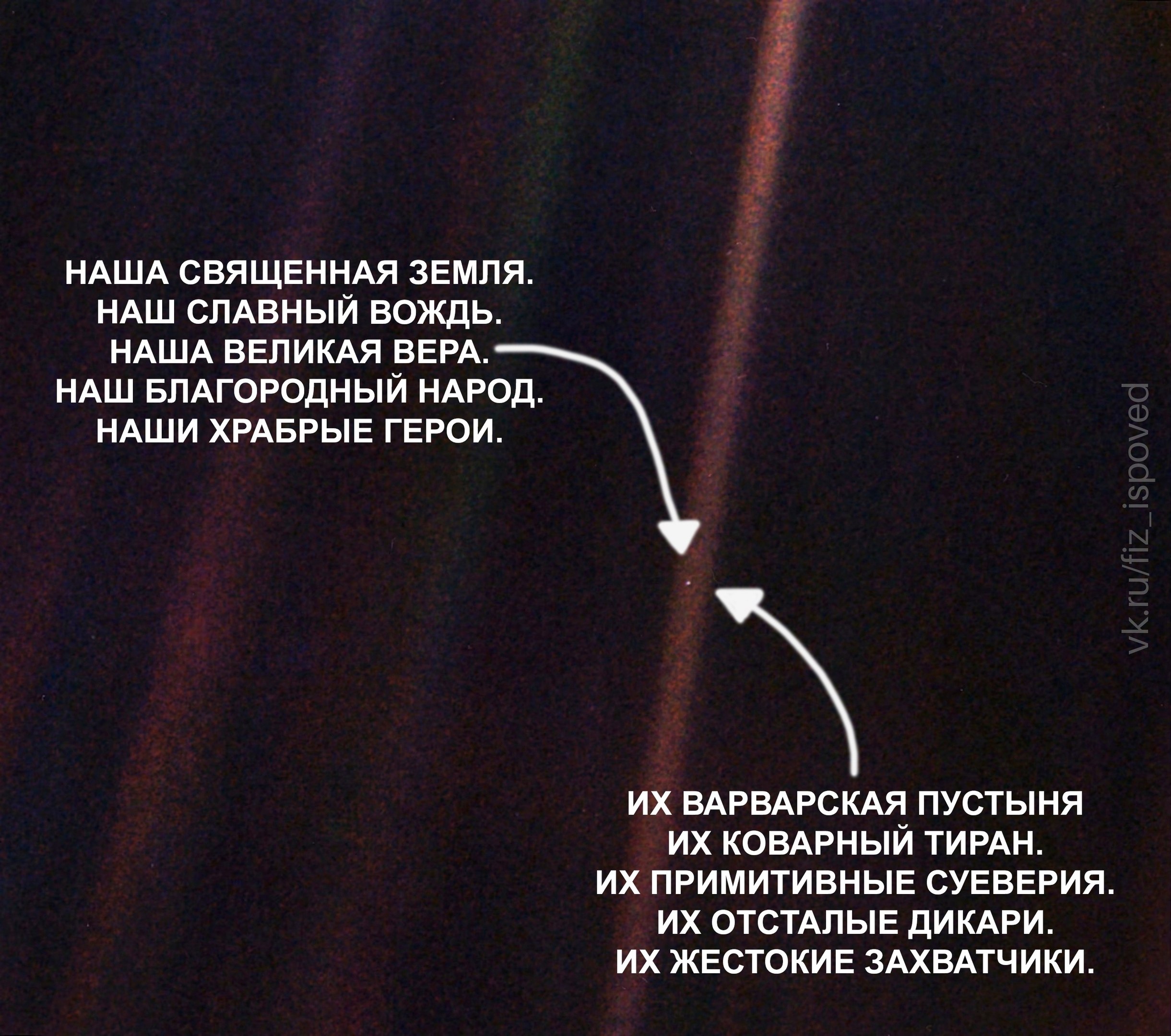 Мем о том, как свою землю и народ называют священными и героическими, а чужую сторону — варварской пустыней и примитивными дикарями.