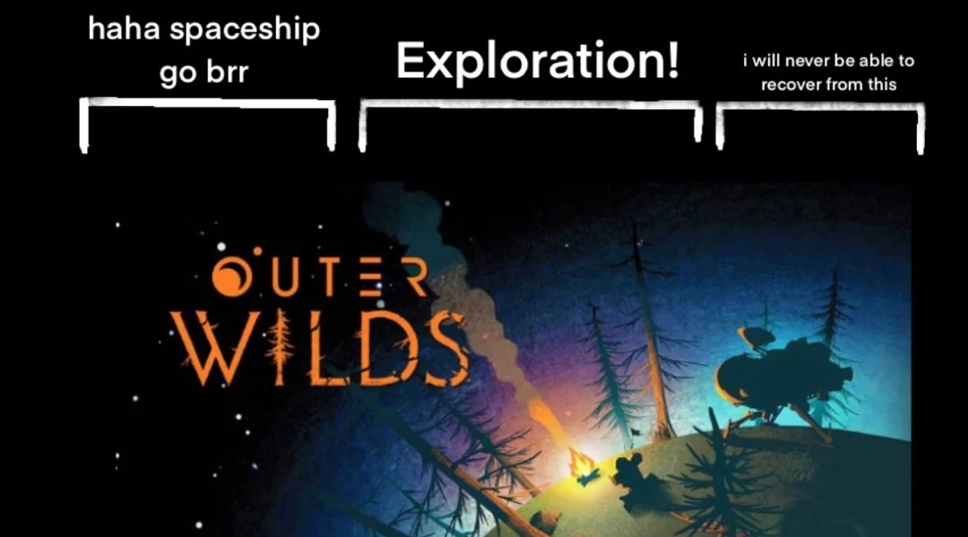 Мем по игре Outer Wilds про космический корабль, исследование и невозможность оправиться от увиденного