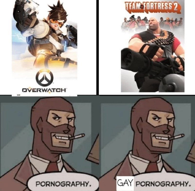 Сравнение постеров Overwatch и Team Fortress 2 с фразами «Pornography» и «Gay pornography»