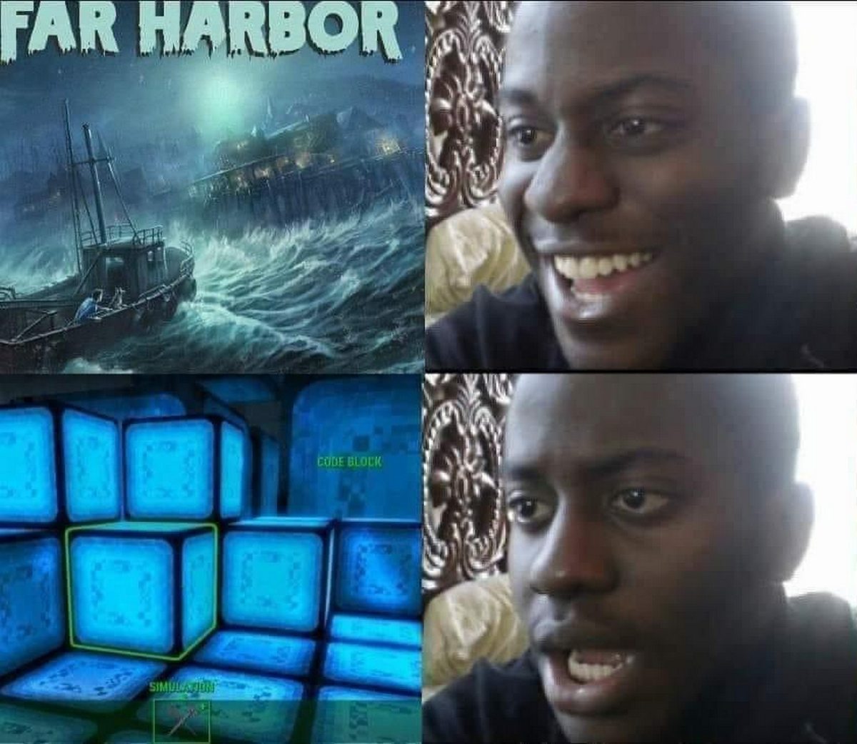 Ожидание и реальность Far Harbor Мем с человеком, который сначала радуется дополнению Far Harbor для Fallout 4, а затем разочаровывается из-за головоломок с кубиками.