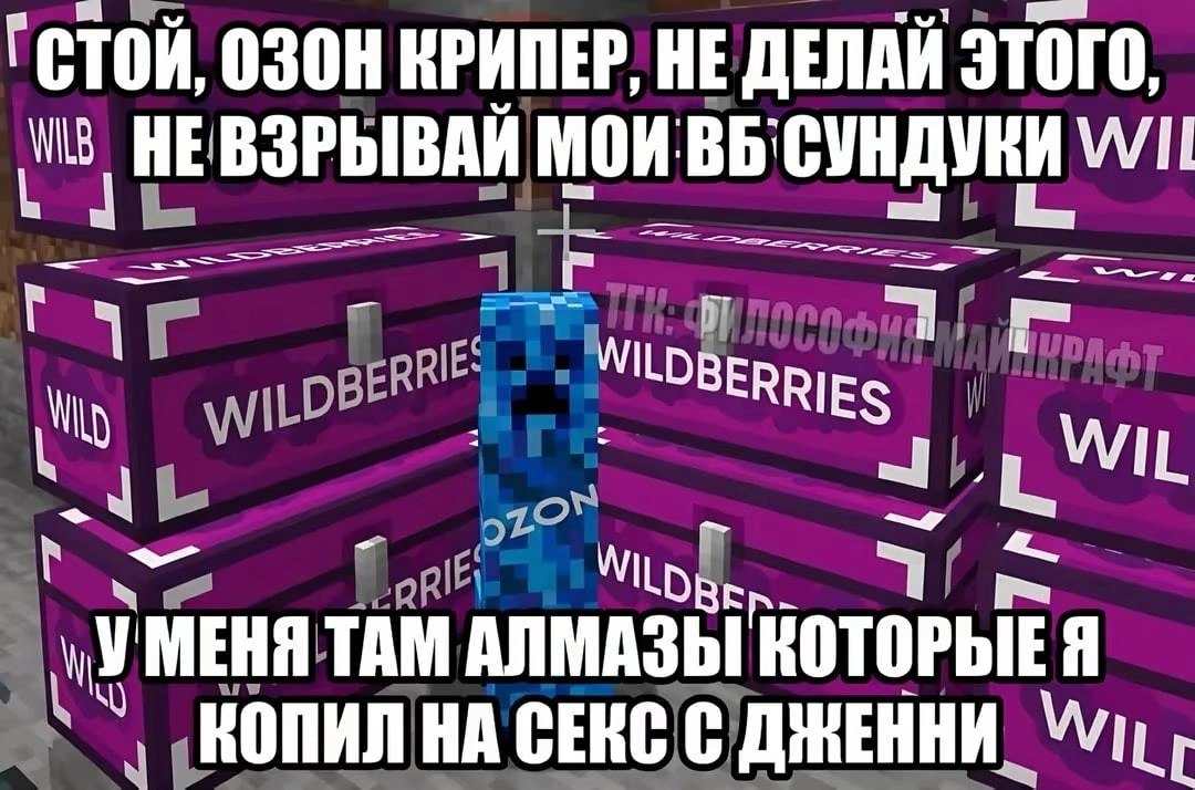 Крипер Ozon собирается взорвать сундуки Wildberries, но герой просит его остановиться: внутри лежат алмазы, накопленные на секс с Дженни.