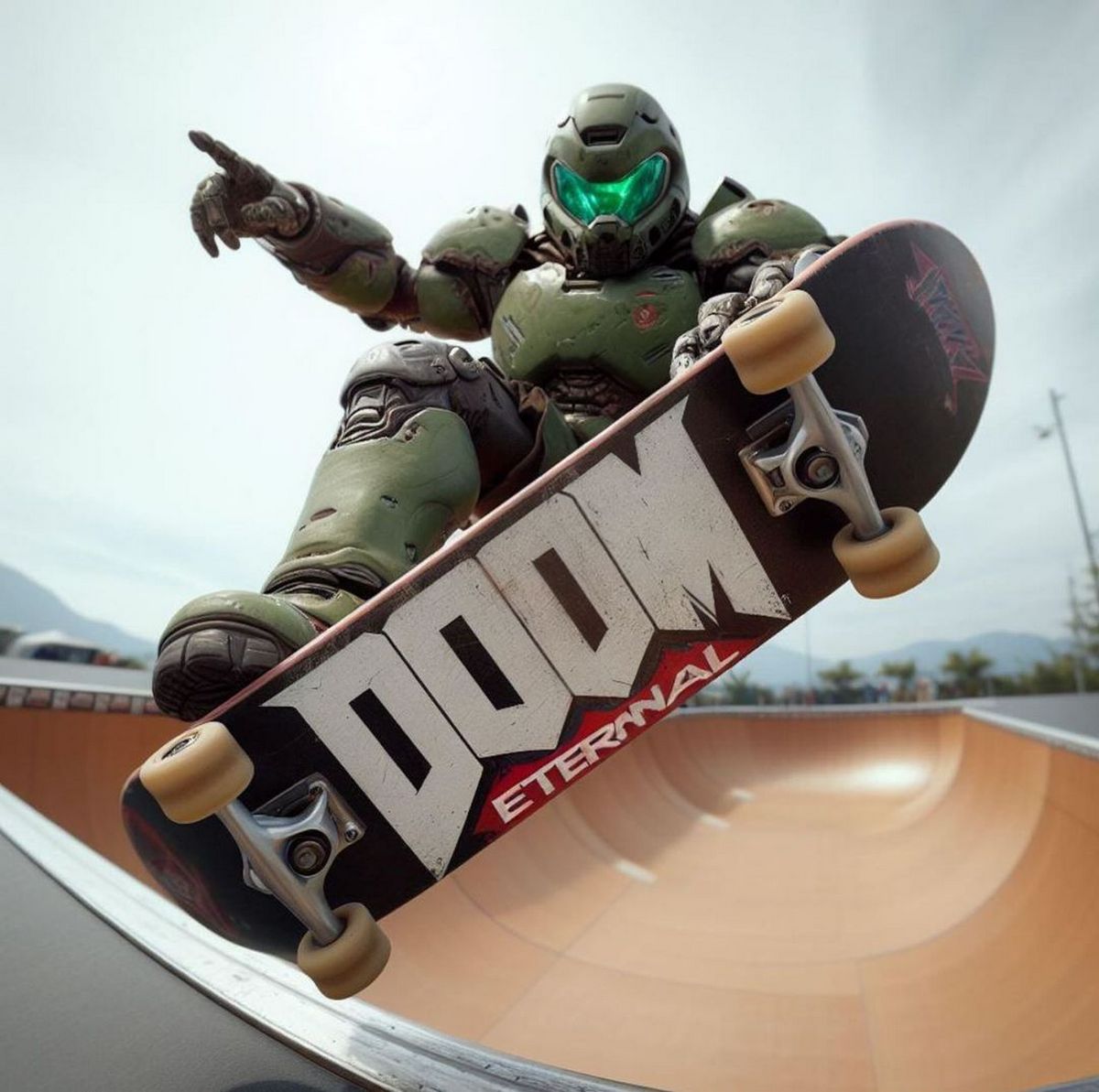 Палач Рока на скейтборде Палач Рока из игры DOOM Eternal на скейтборде в полете, указывающий вдаль.