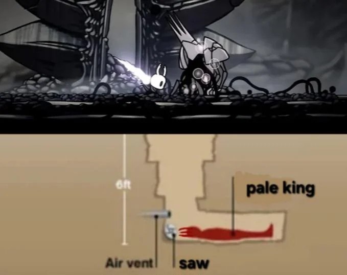 Бледный Король из Hollow Knight погребенный на глубине шести футов под землей с вентиляцией и пилой