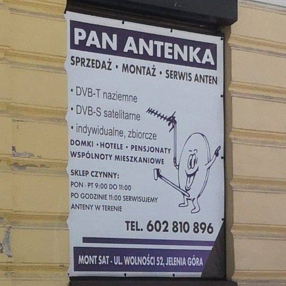 Пан Антенка Рекламный плакат «Пан Антенка» на польском языке с изображением спутниковой тарелки.