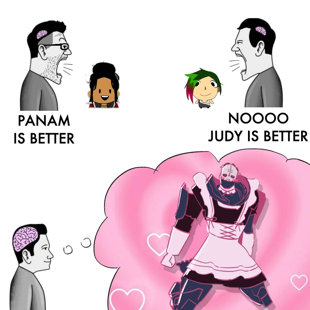 Мем про спор, кто лучше: Панам, Джуди или Адам Смэшер в платье горничной