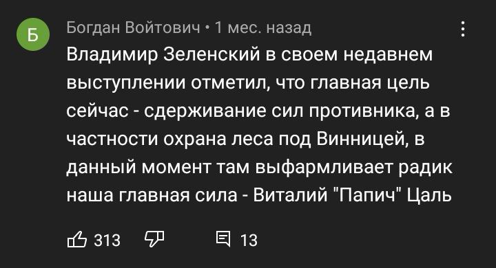 Папич фармит радик под Винницей Скриншот комментария, где пользователь Богдан Войтович пишет о выступлении Владимира Зеленского и упоминает, что главная сила сейчас - Виталий "Папич" Цаль, который фармит радик под Винницей.