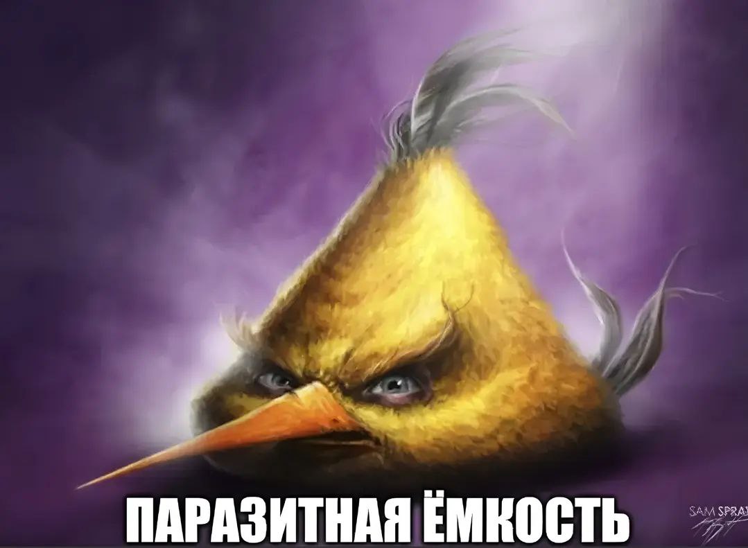 Паразитная ёмкость Мем с персонажем из Angry Birds, жёлтой птицей, которая нарисована в реалистичном стиле на фиолетовом фоне, с надписью "Паразитная ёмкость" внизу.