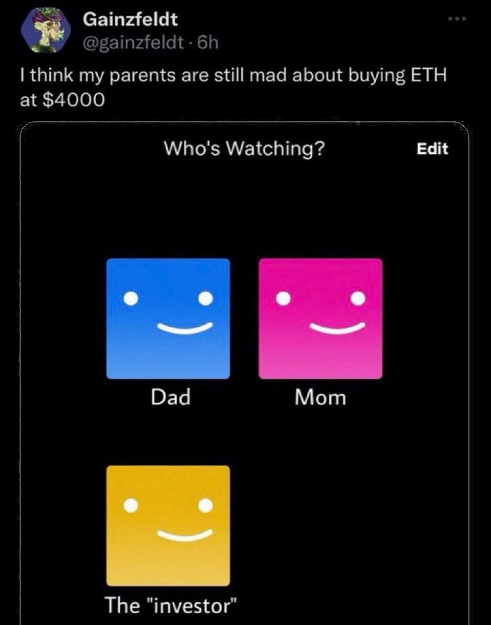 Родители злятся на покупку ETH за $4000 Мем, где родители злятся на покупку ETH за $4000, а «инвестор» смотрит