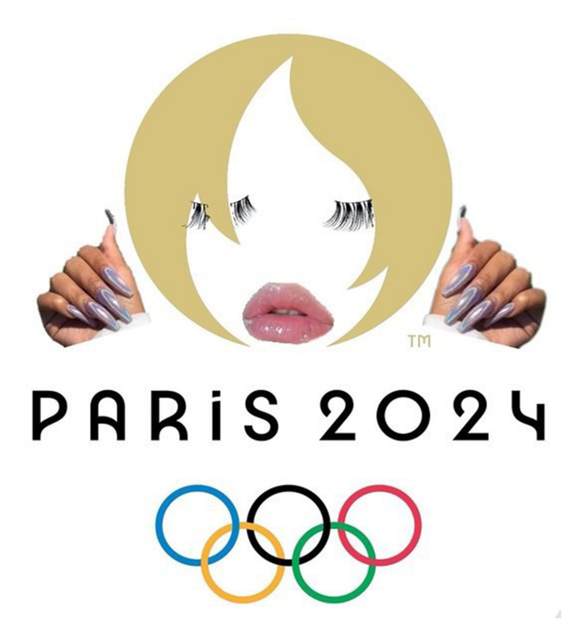 Пародия на логотип Олимпиады в Париже 2024 Переделанный логотип Парижской Олимпиады 2024 года с лицом, руками и длинными ногтями.