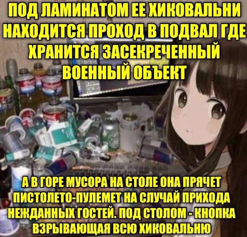 Аниме-девушка живёт в захламлённой комнате, под ламинатом которой спрятан проход к засекреченному военному объекту.