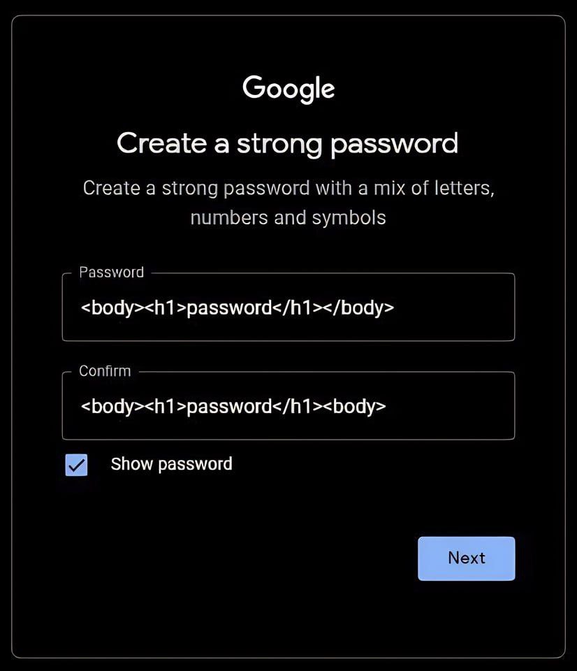 Пароль <body><h1>password</h1></body> Прикол с паролем, где пользователь пытается установить в качестве пароля тег <body><h1>password</h1></body>.