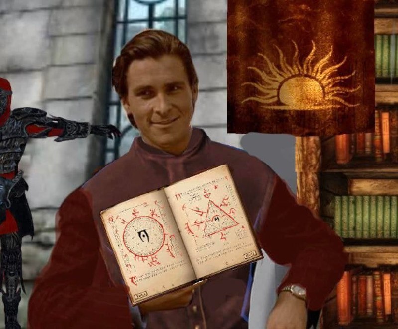 Патрик Бейтман колдун Мем с Патриком Бейтманом в образе колдуна из игры Elder Scrolls Oblivion, который держит в руках магическую книгу, а за ним стоит Даэдра