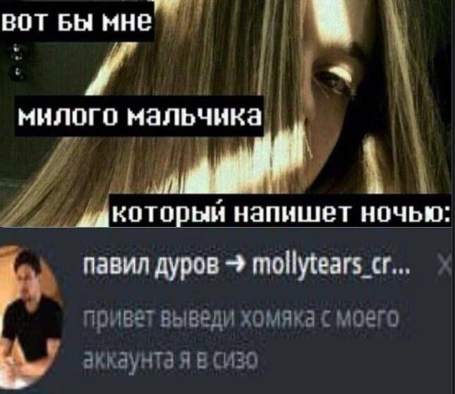 Вот бы мне милого мальчика Мем про девушку, которая хочет, чтобы ей написал милый мальчик, а ей пишет Павел Дуров с просьбой вывести хомяка из аккаунта, потому что он в СИЗО.