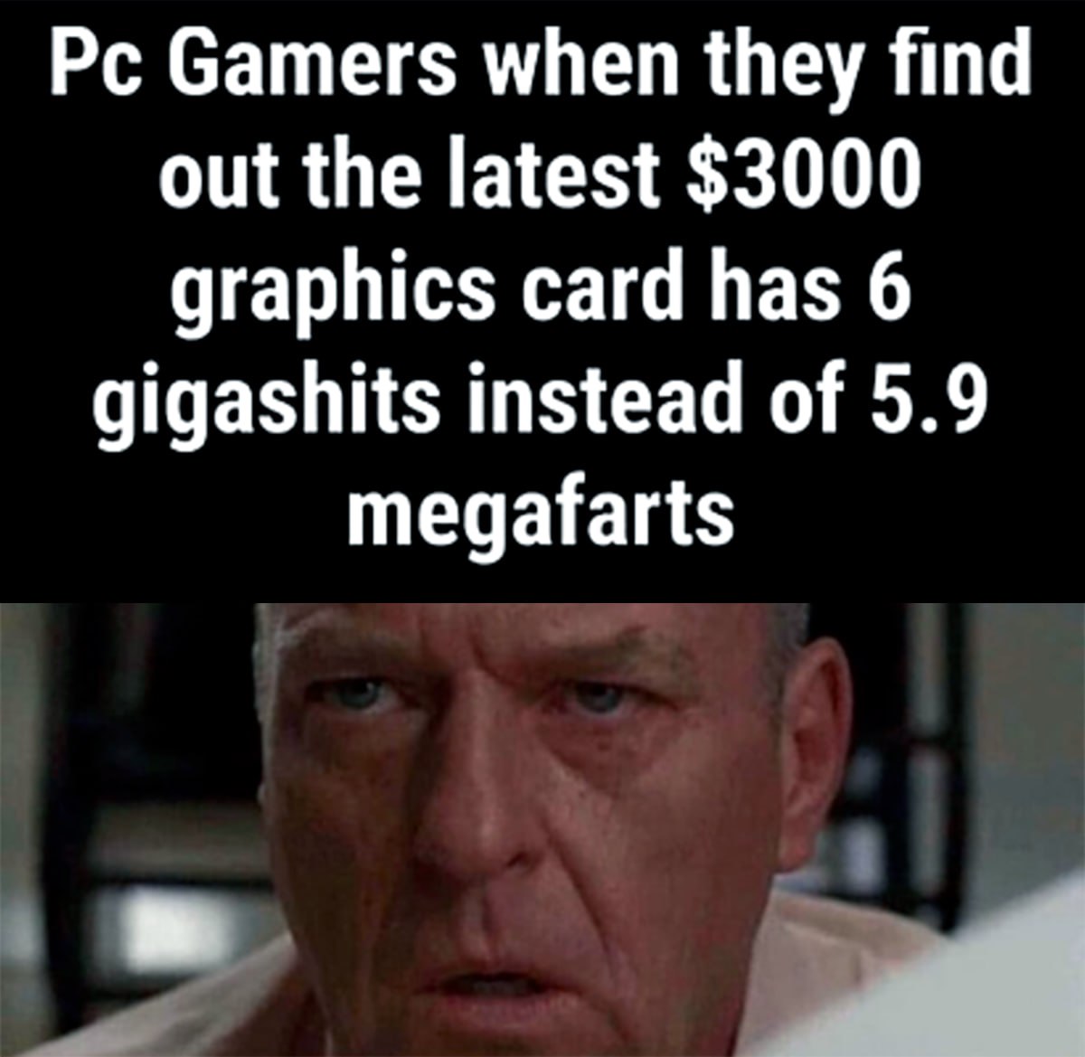 Pc Gamers when they find out ПК-геймеры, когда узнают, что новейшая видеокарта за 3000 долларов имеет 6 "гигадерьма" вместо 5,9 "мегапердежей"