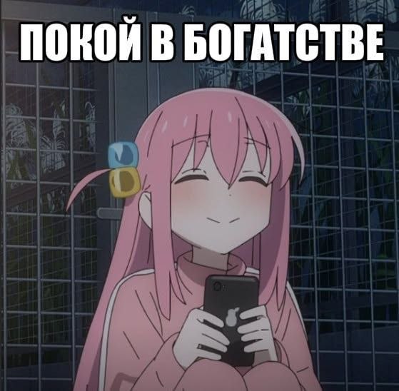 Аниме-девушка с телефоном спокойно сидит за решёткой, а над ней написано: «Покой в богатстве».