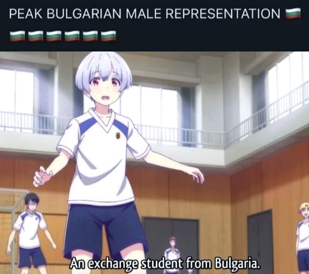 Peak Bulgarian Male Representation Мультяшный мальчик с белыми волосами и красными глазами, предположительно являющийся «пиковым болгарским мужчиной», стоит в спортивном зале. Внизу есть надпись «Студент по обмену из Болгарии».