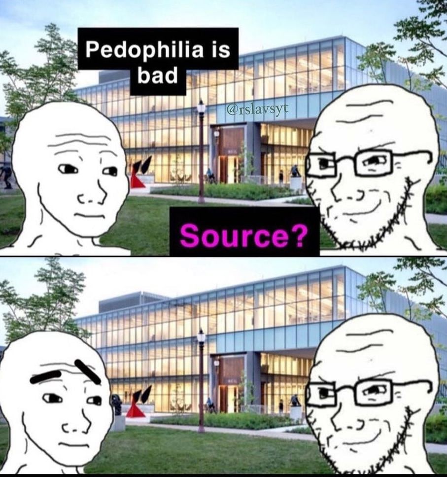 Pedophilia is bad source Мем с Вояком и его версией в очках, где один утверждает «Pedophilia is bad», а другой спрашивает «Source?»