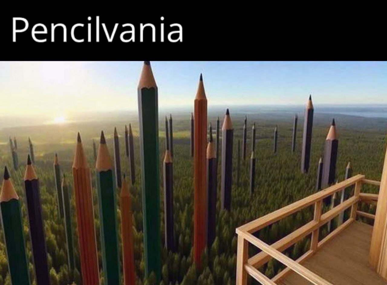 Pencilvania На изображении показан пейзаж с гигантскими карандашами, торчащими из земли, и надписью «Pencilvania», что является игрой слов на названии штата Пенсильвания