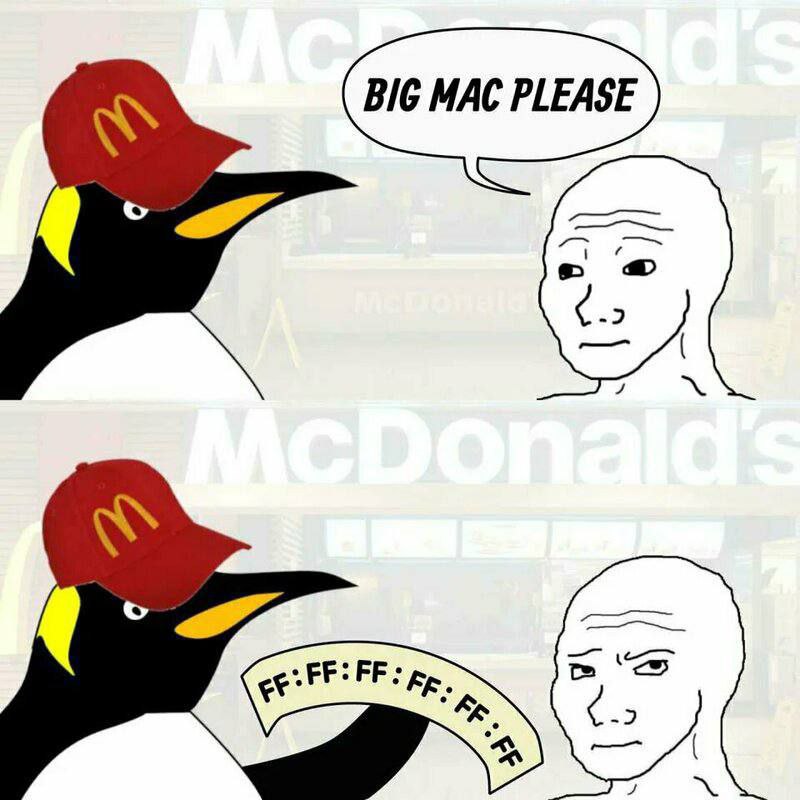 Пингвин в кепке McDonald's и вояк Мем с пингвином в кепке McDonald's, который заказывает Биг Мак у Вояка, а затем протягивает ему чек с надписью FF:FF:FF:FF:FF:FF