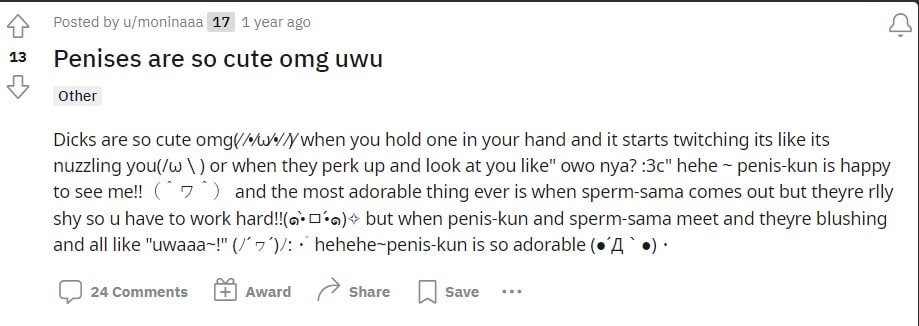 Penises are so cute omg uwu Заголовок и текст на Reddit о милых пенисах с эмодзи