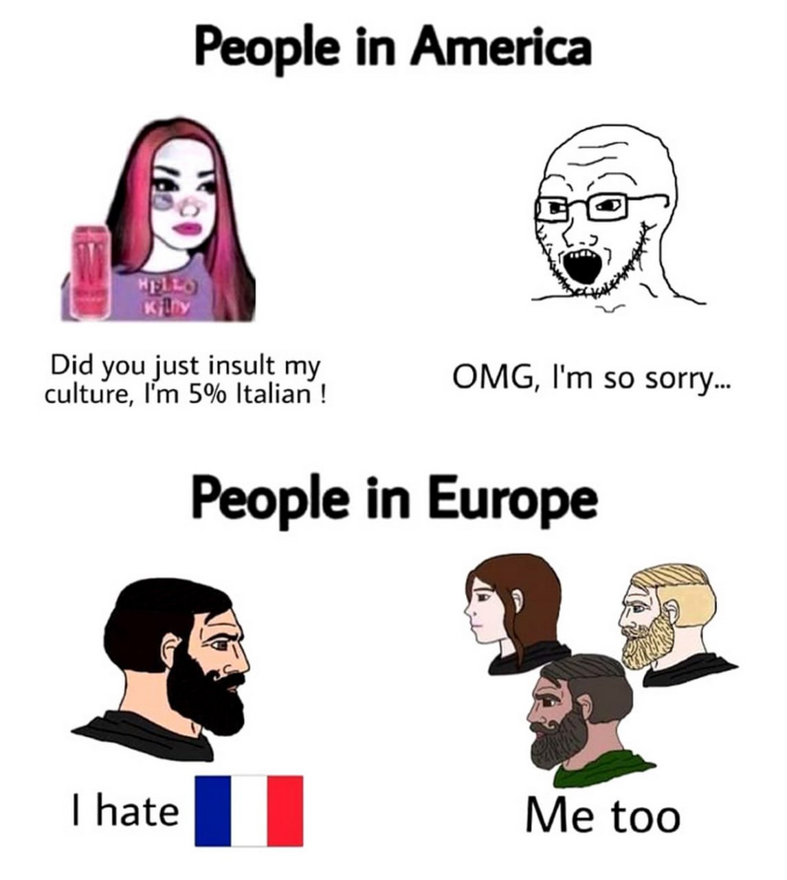 People in America vs People in Europe Мем, сравнивающий реакцию американцев и европейцев на культурные вопросы, где американка возмущается оскорблением её итальянской культуры, а европейцы выражают ненависть к флагу Франции