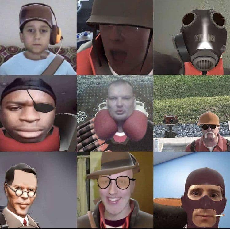 Люди в Team Fortress 2 Коллаж из девяти фотографий, где реальные люди превращены в персонажей из игры Team Fortress 2 с помощью фильтров