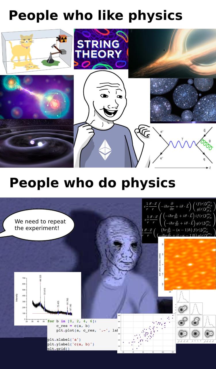 People who like physics vs People who do physics Мем, сравнивающий романтические представления о физике с суровой реальностью научных исследований и рутиной.