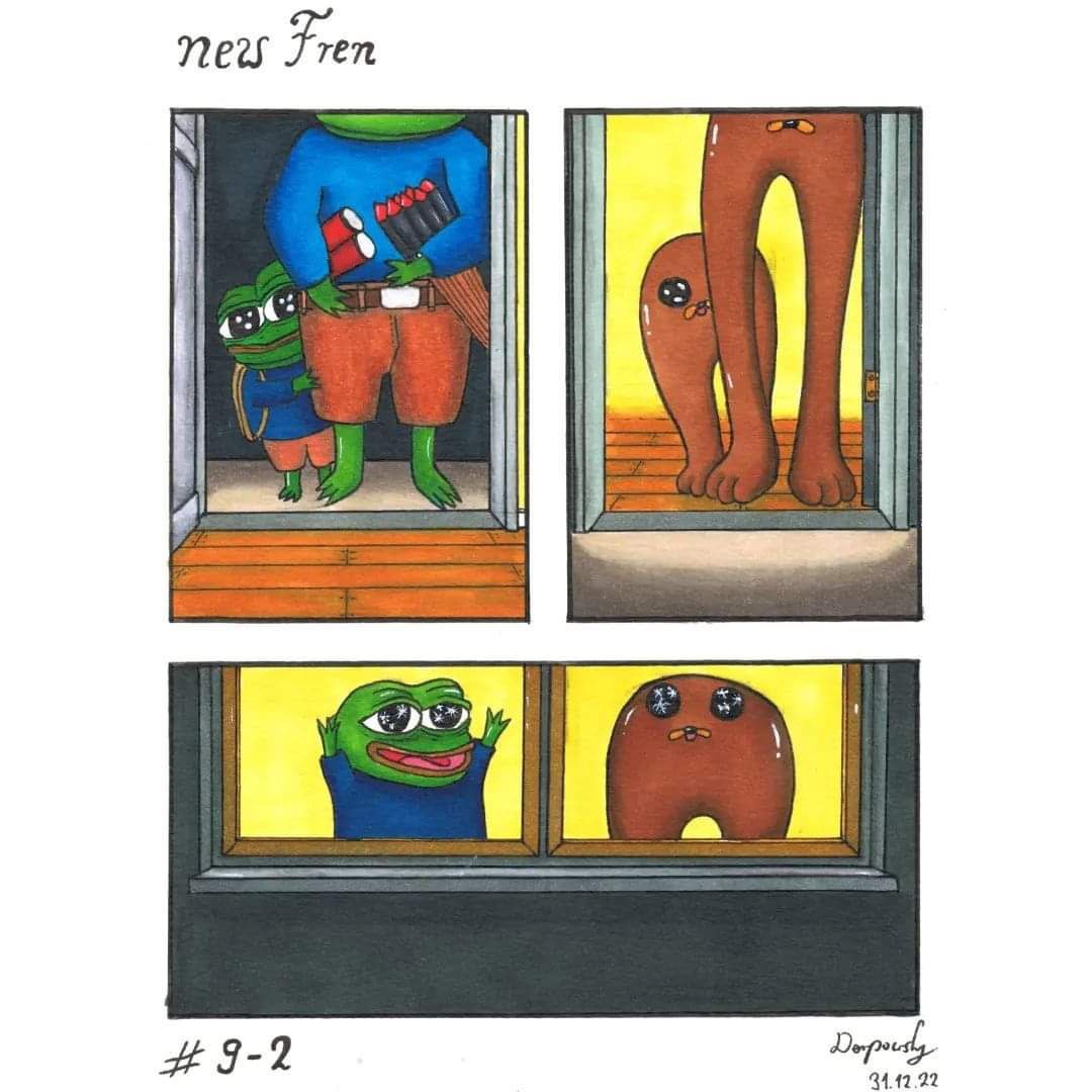 Pepe и неизвестное существо Мем с лягушонком Пепе, который встречает странное существо.