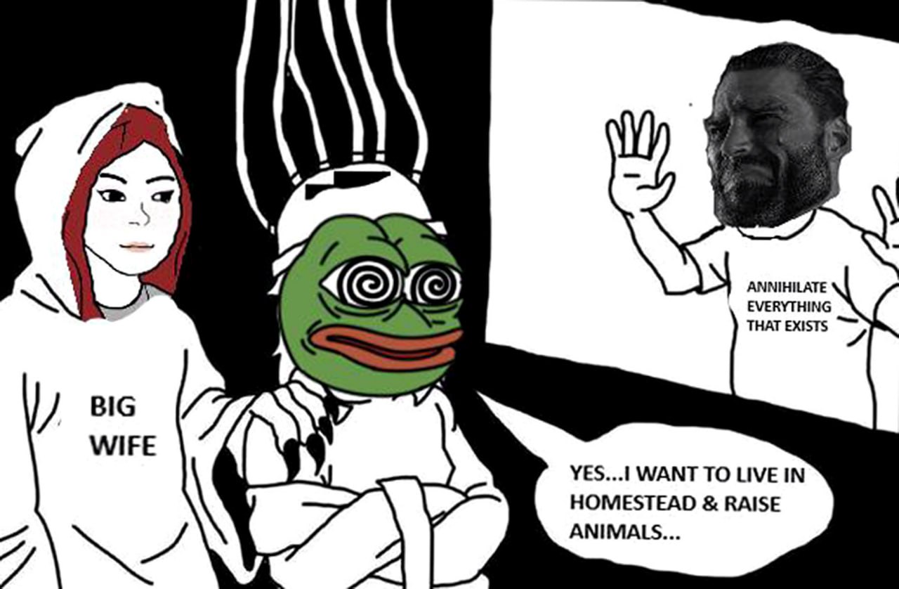 Пепе brain "Yes... I want to live in homestead & raise animals..." Мем с Пепе, подключенным к проводам, девушкой "Big wife" и Гигачадом "Annihilate everything that exists", где Пепе хочет жить на ферме.