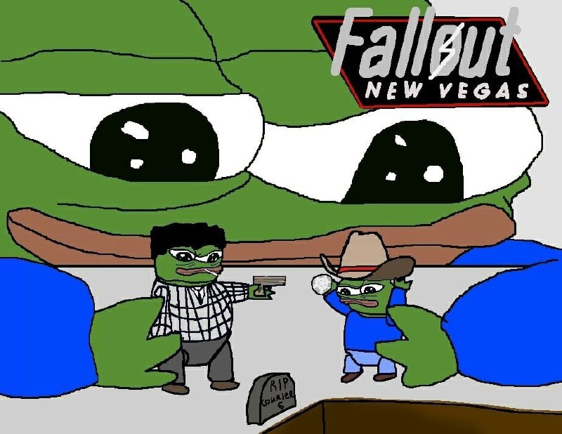 Пепе из Fallout New Vegas Мем с гигантским Пепе, наблюдающим за сценой из Fallout New Vegas, где Скиппи стреляет в Курьера