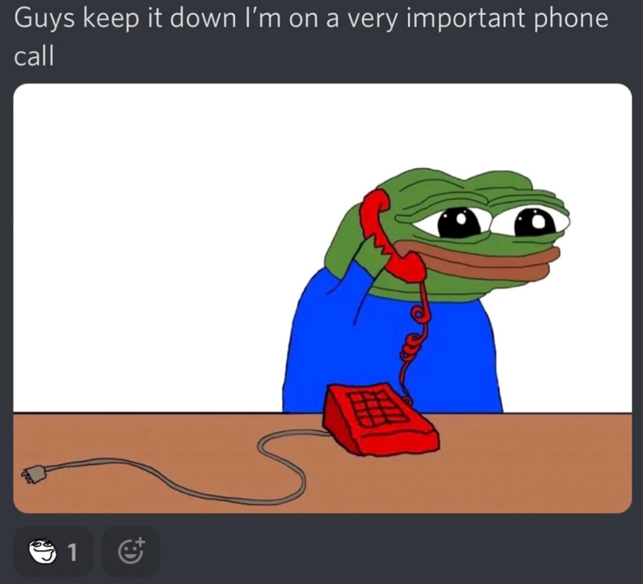 Pepe I'm on a very important phone call Мем про Пепе, который ведет важный телефонный разговор и просит всех угомониться.