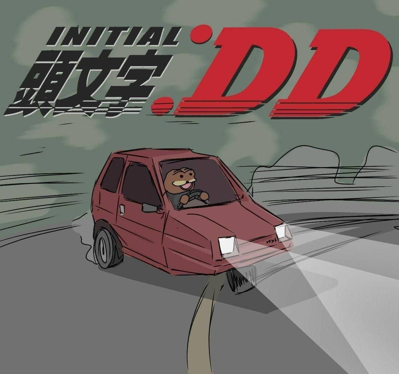 Пепе за рулем Initial DD Мем с лягушонком Пепе, который едет на маленьком красном автомобиле, оформленный в стиле аниме «Initial D» под названием Initial DD