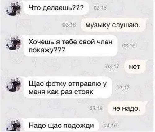 Хочешь я тебе свой член покажу??? Переписка из чата в мессенджере, где парень предлагает показать свой член девушке, но она отказывается.