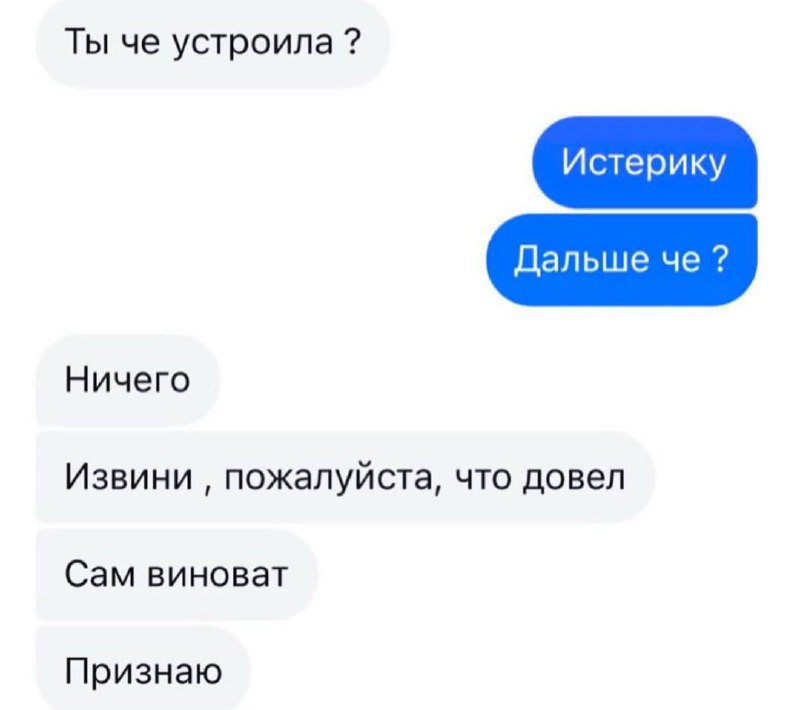 Переписка: Ты че устроила Мем с перепиской, где один человек спрашивает: "Ты че устроила?", а другой отвечает: "Истерику"