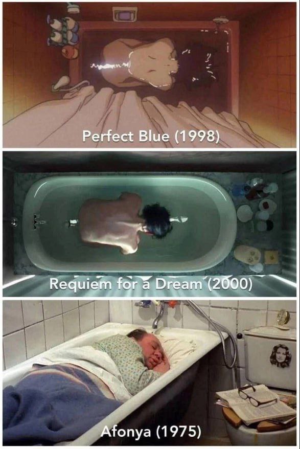 Perfect Blue, Requiem for a Dream, Афоня Кадры из фильмов «Идеал» («Истинная грусть»), «Реквием по мечте» и «Афоня», на которых герои лежат в ванной.