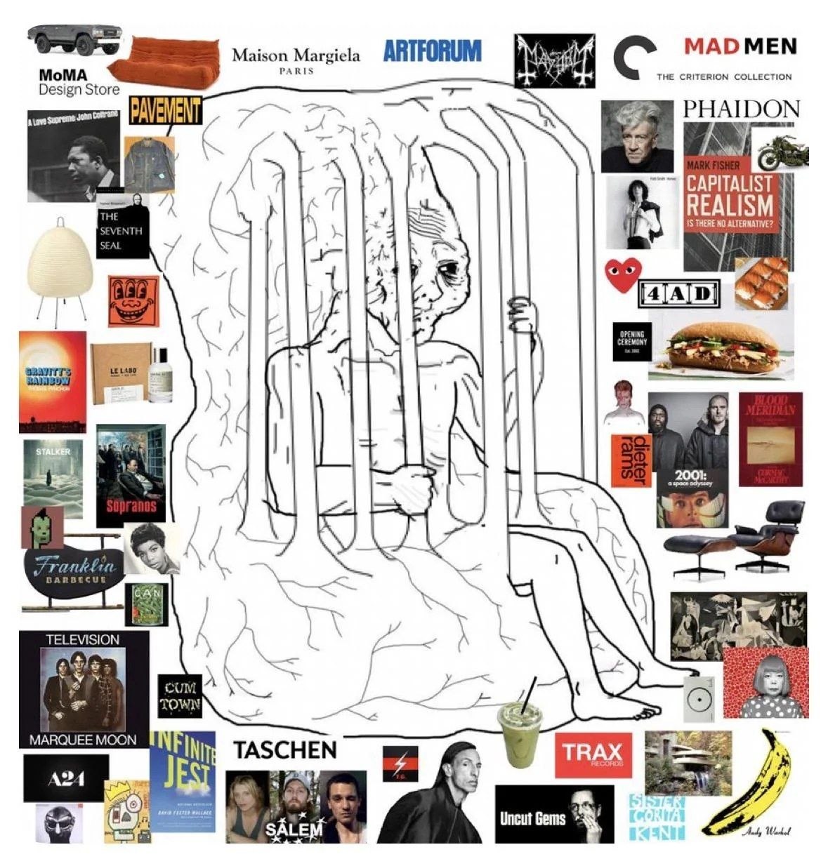Человек сидит в клетке, окружённый любимыми фильмами, музыкой, книгами, брендами и предметами дизайна.